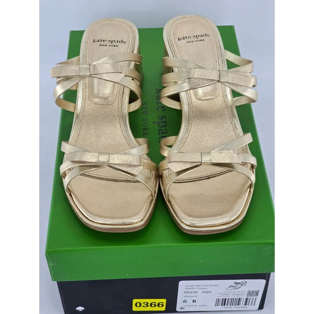 Kate Spade Carolina Block Heel Sandal Womens 6B Pale Gold Metallic KK638 - NEW
